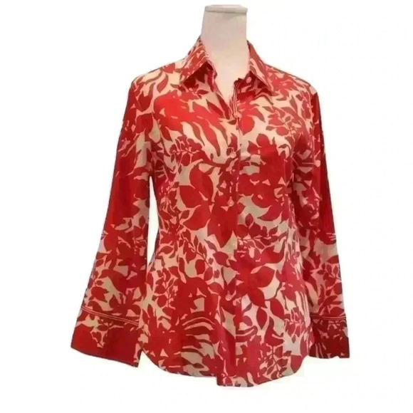 Foxcroft Tops - FOXCROFT LONG FLARE SLEEVE COLLARD BUTTON DOWN TOP RED WHITE PRINT SIZE …